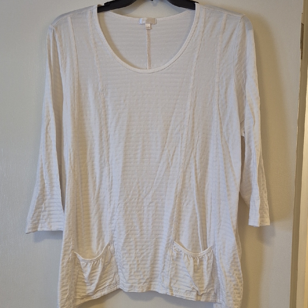 Heartstring White Crinkle Top – 3/4 Sleeve – Artsy Lagenlook – Pockets